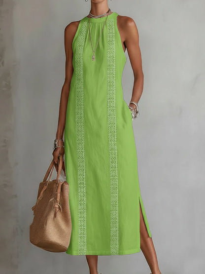 Women's Round-Neck Embroidered Sleeveless Midi Dress
