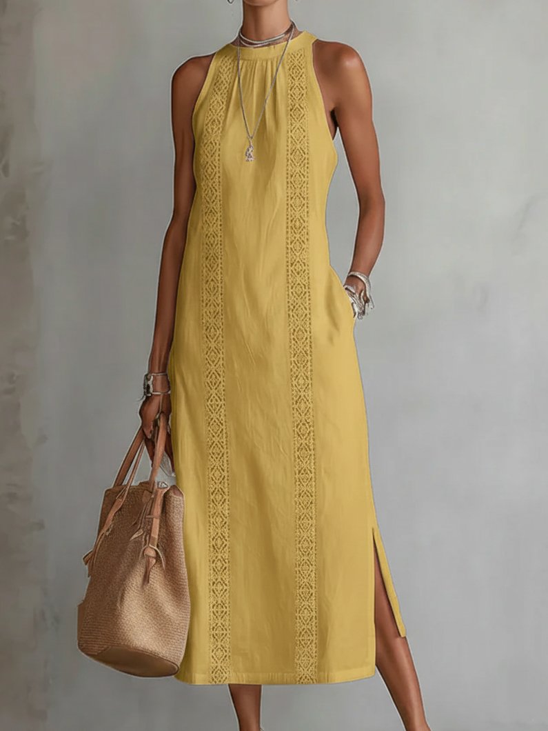 Women's Round-Neck Embroidered Sleeveless Midi Dress