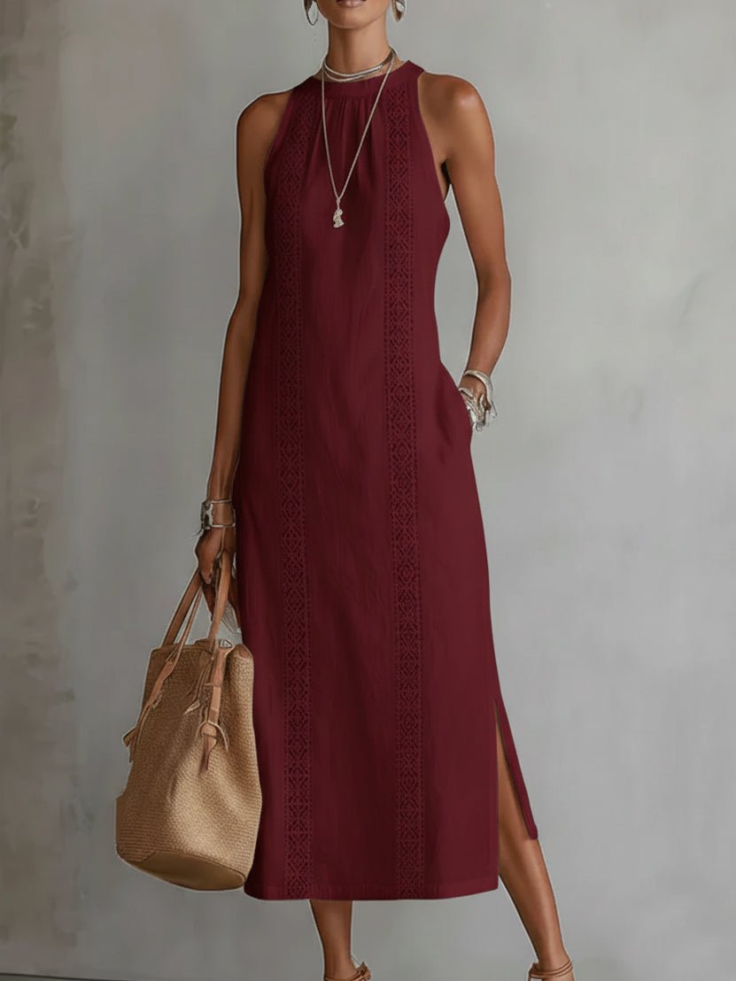 Women's Round-Neck Embroidered Sleeveless Midi Dress
