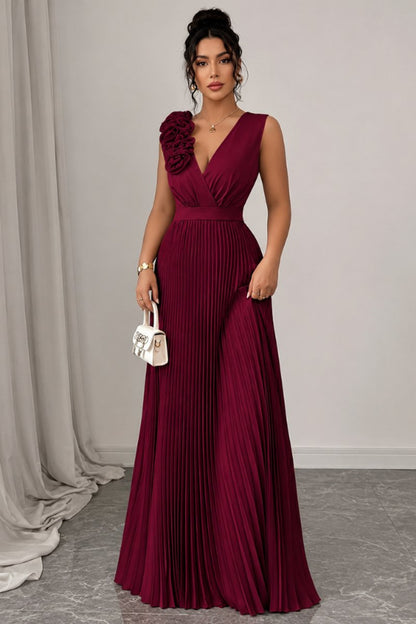 Women's Floral Appliqué Sleeveless Pleated A-Line Evening Gown