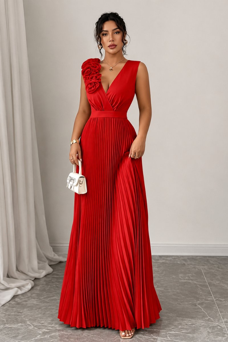 Women's Floral Appliqué Sleeveless Pleated A-Line Evening Gown