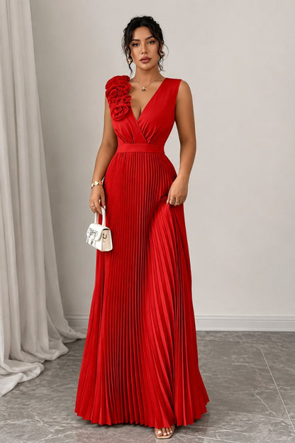 Women's Floral Appliqué Sleeveless Pleated A-Line Evening Gown