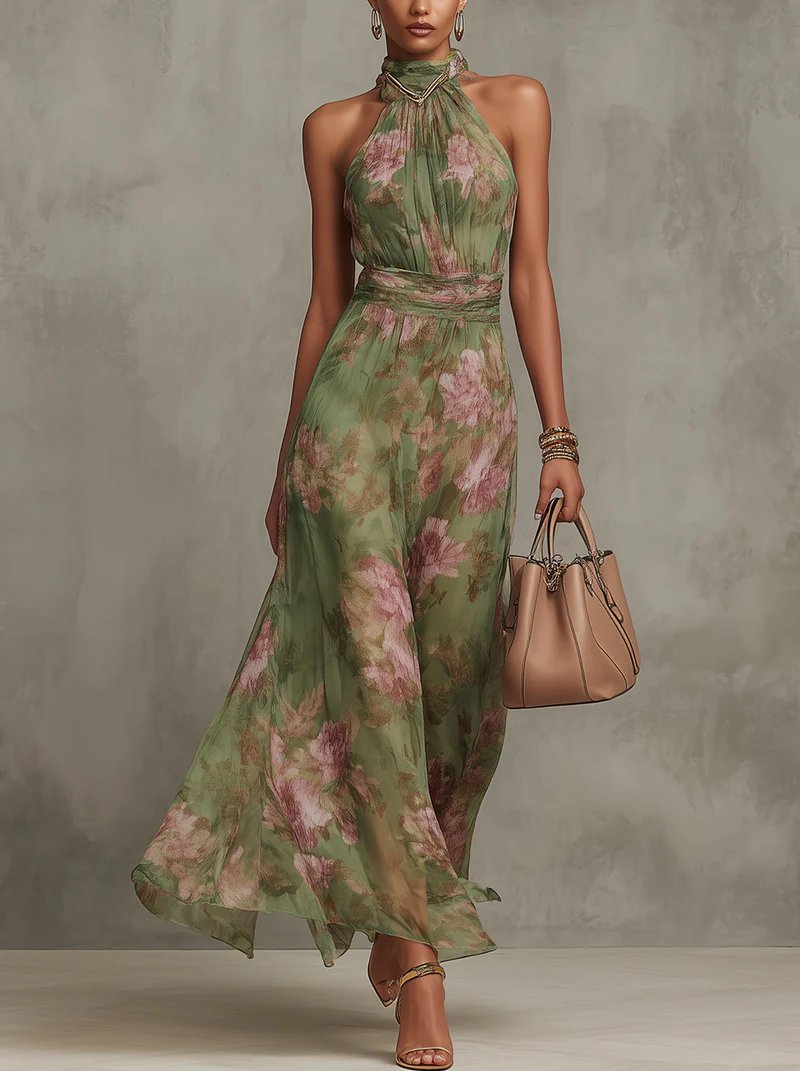 Women's Halter-Neck Sleeveless Floral Maxi Dress