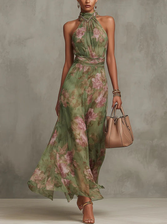 Women's Halter-Neck Sleeveless Floral Maxi Dress