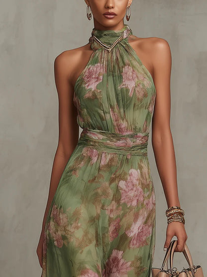 Women's Halter-Neck Sleeveless Floral Maxi Dress