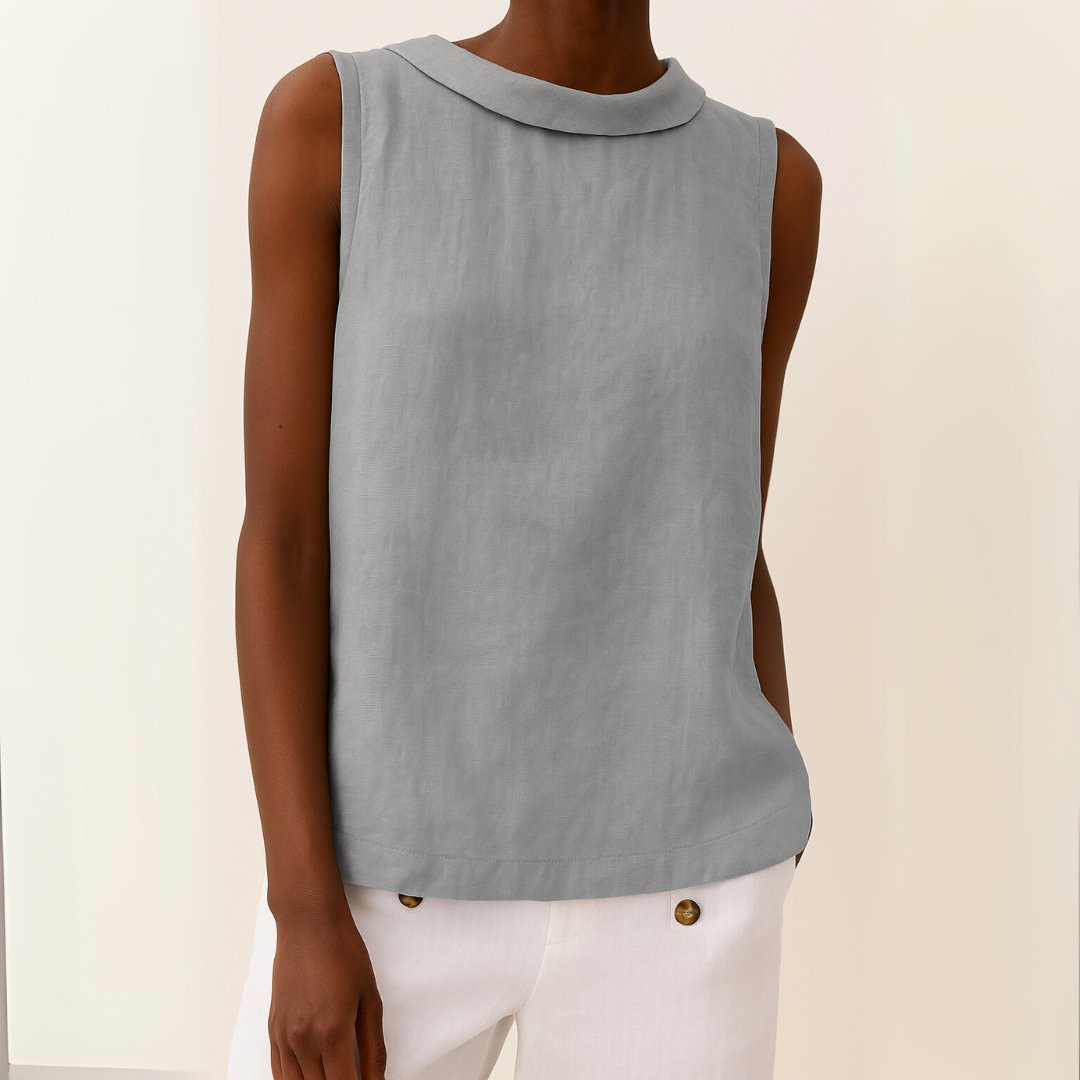 Stand Collar Sleeveless Linen Top for Women