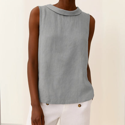 Stand Collar Sleeveless Linen Top for Women