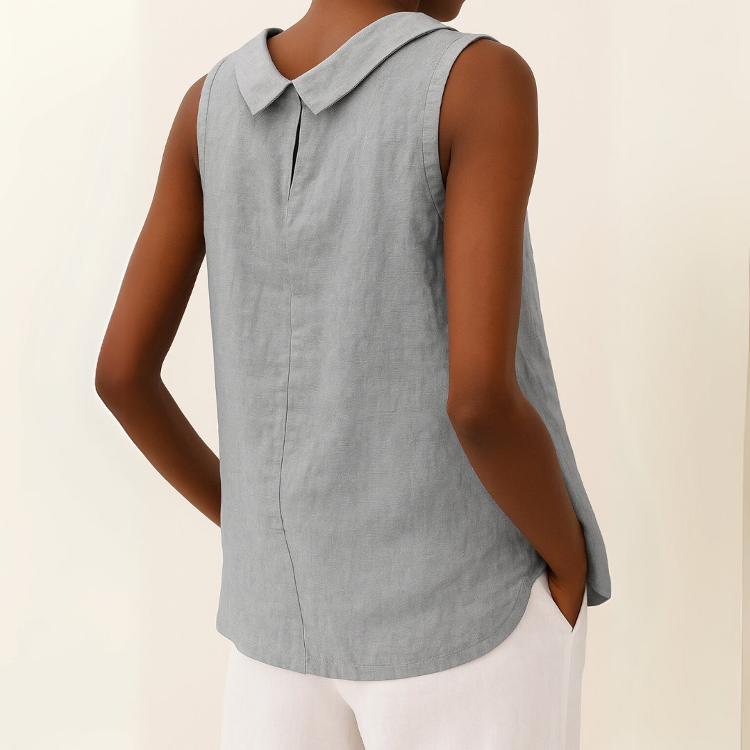 Stand Collar Sleeveless Linen Top for Women