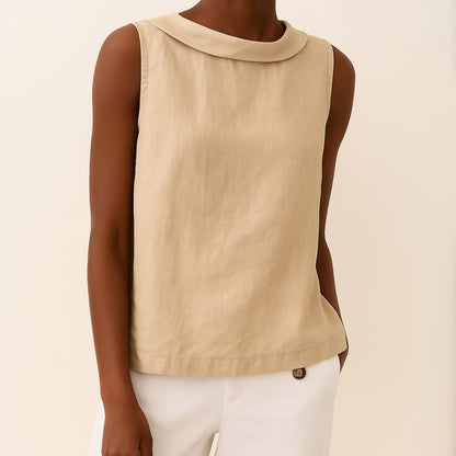 Stand Collar Sleeveless Linen Top for Women