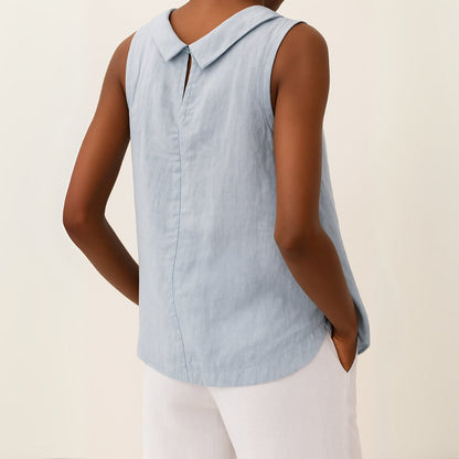 Stand Collar Sleeveless Linen Top for Women