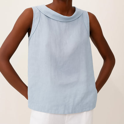 Stand Collar Sleeveless Linen Top for Women