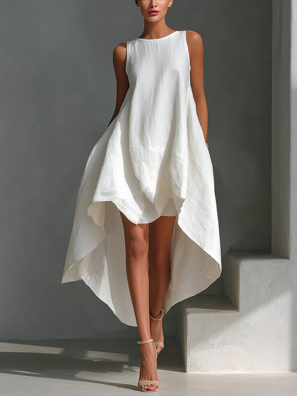 Women's Relaxed Sleeveless Linen Asymmetrical Midi Dress
