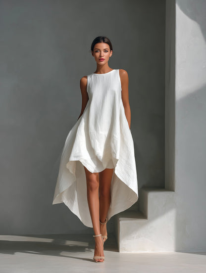 Women's Relaxed Sleeveless Linen Asymmetrical Midi Dress