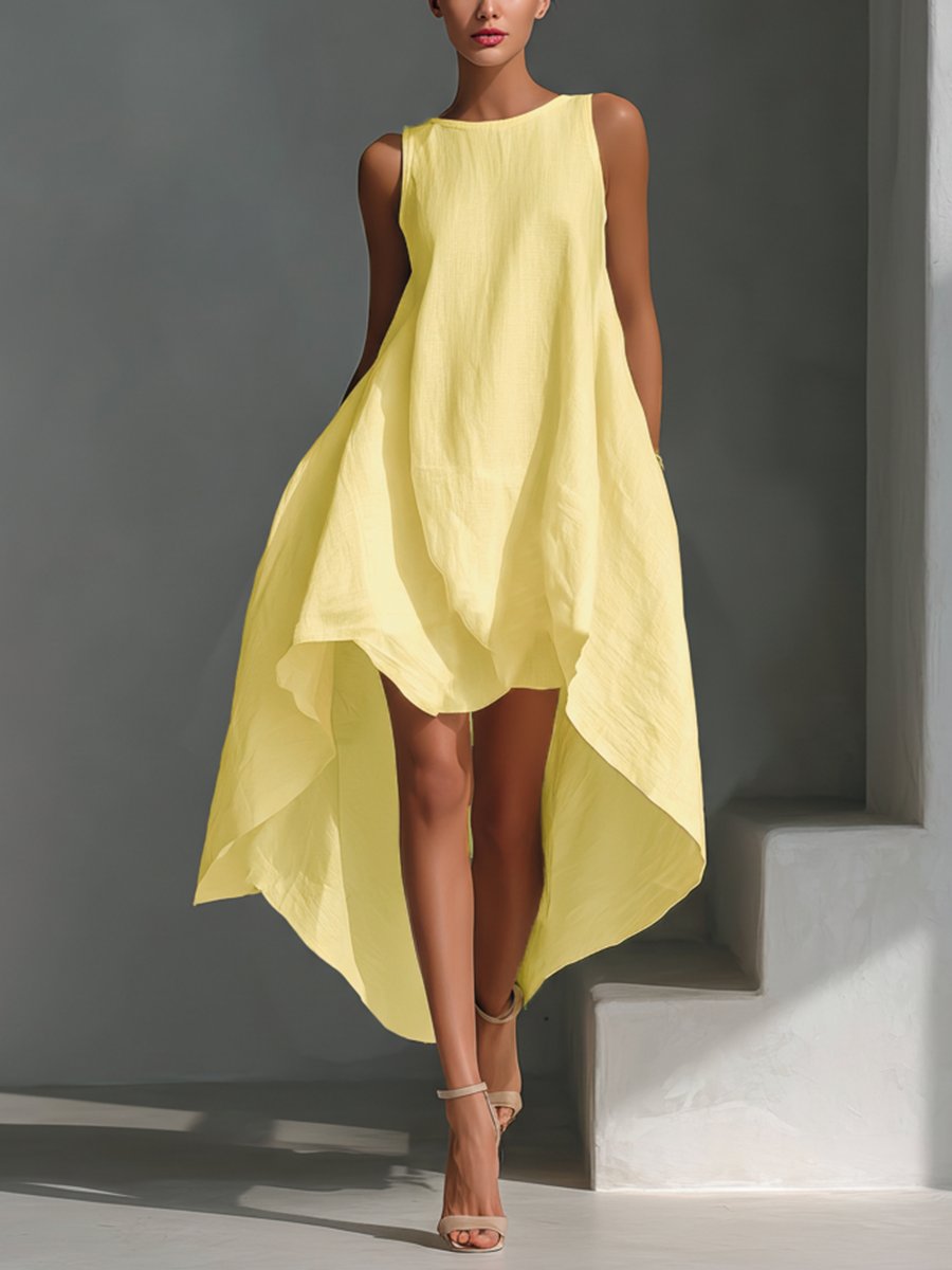 Women's Relaxed Sleeveless Linen Asymmetrical Midi Dress