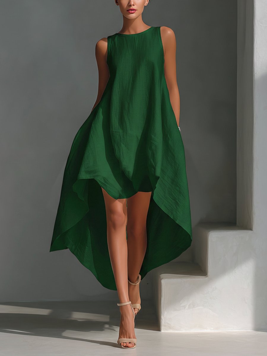Women's Relaxed Sleeveless Linen Asymmetrical Midi Dress