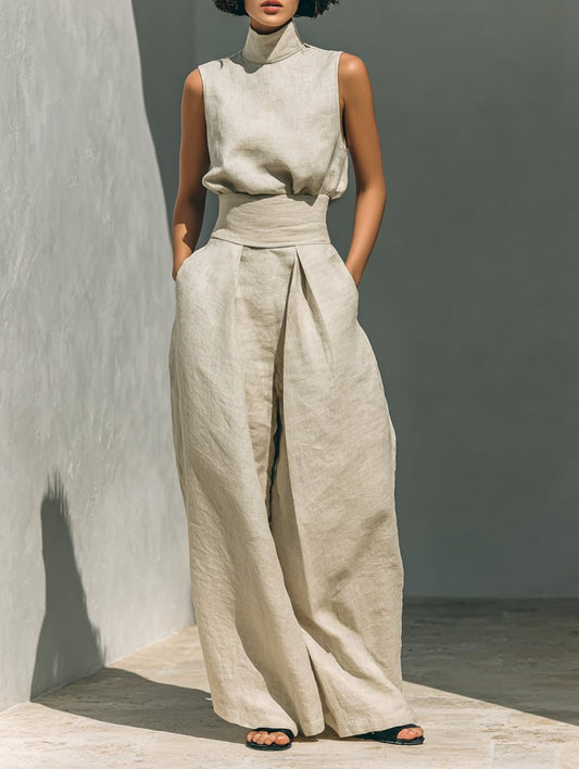 High-Neck Sleeveless Linen Top and Wide-Leg Trousers Set for Women