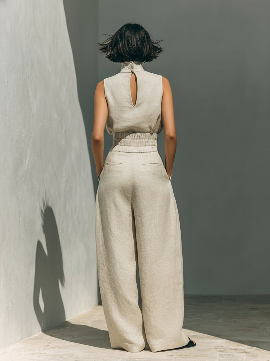 High-Neck Sleeveless Linen Top and Wide-Leg Trousers Set for Women