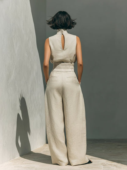 High-Neck Sleeveless Linen Top and Wide-Leg Trousers Set for Women