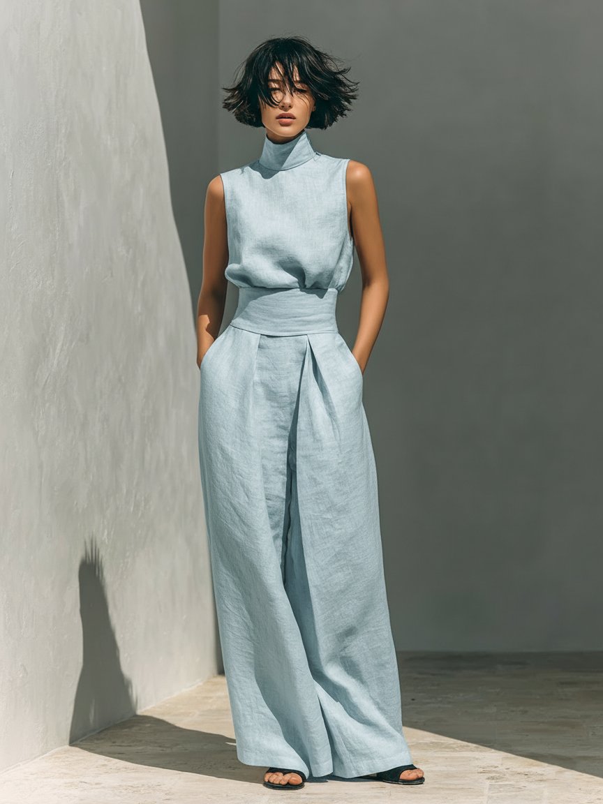 High-Neck Sleeveless Linen Top and Wide-Leg Trousers Set for Women