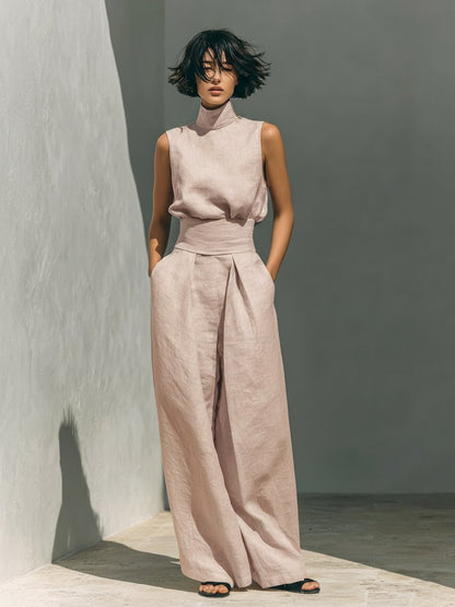 High-Neck Sleeveless Linen Top and Wide-Leg Trousers Set for Women