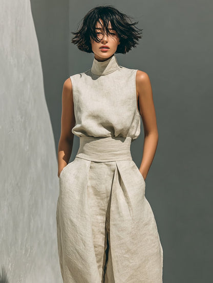 High-Neck Sleeveless Linen Top and Wide-Leg Trousers Set for Women