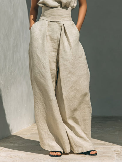 High-Neck Sleeveless Linen Top and Wide-Leg Trousers Set for Women