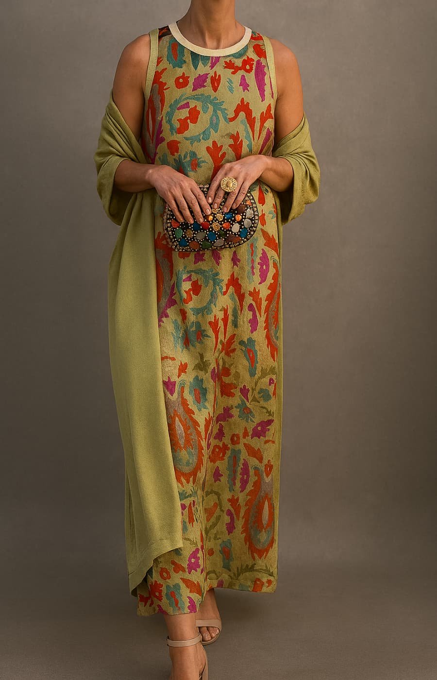 Women's Floral Print Sleeveless Maxi Dress and Scarf Set