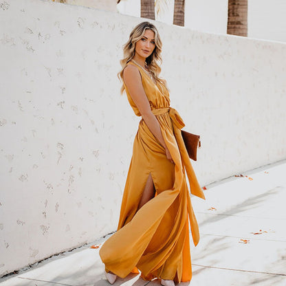 Women's Side-Slit Sleeveless Tie-Waist Maxi Dress