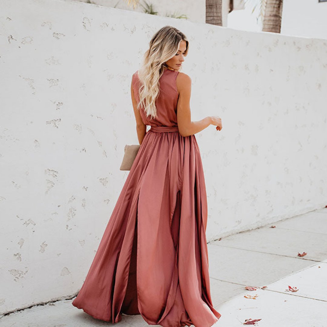 Women's Side-Slit Sleeveless Tie-Waist Maxi Dress