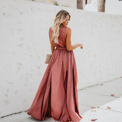 Women's Side-Slit Sleeveless Tie-Waist Maxi Dress