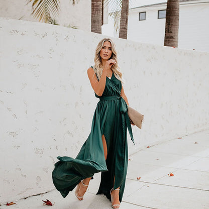 Women's Side-Slit Sleeveless Tie-Waist Maxi Dress