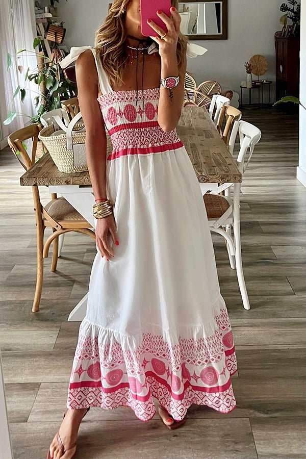 Women's Square Neck Lace-Up Boho Print Sleeveless Maxi Dress
