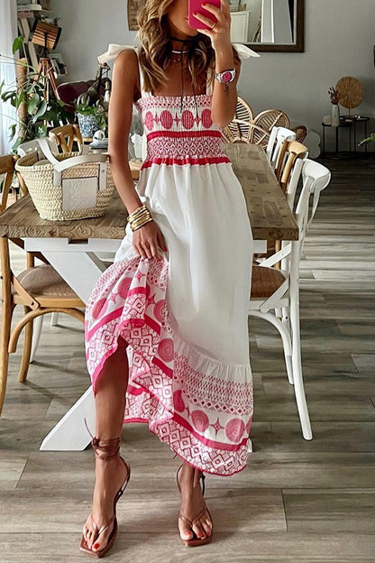 Women's Square Neck Lace-Up Boho Print Sleeveless Maxi Dress