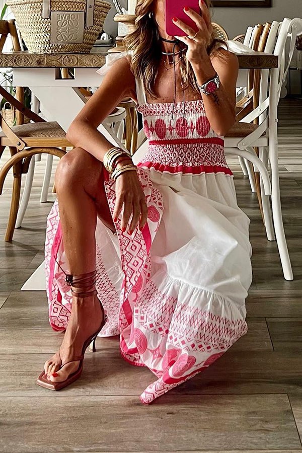 Women's Square Neck Lace-Up Boho Print Sleeveless Maxi Dress