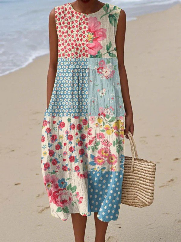 Women's Floral Patchwork Sleeveless Midi Dress