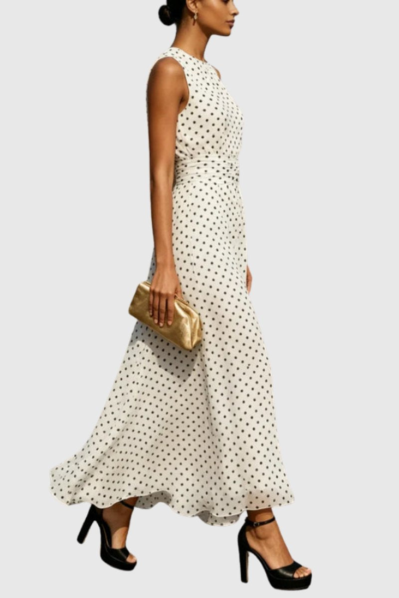 Women's Polka Dot Sleeveless Maxi Evening Gown with Ruffle Hem