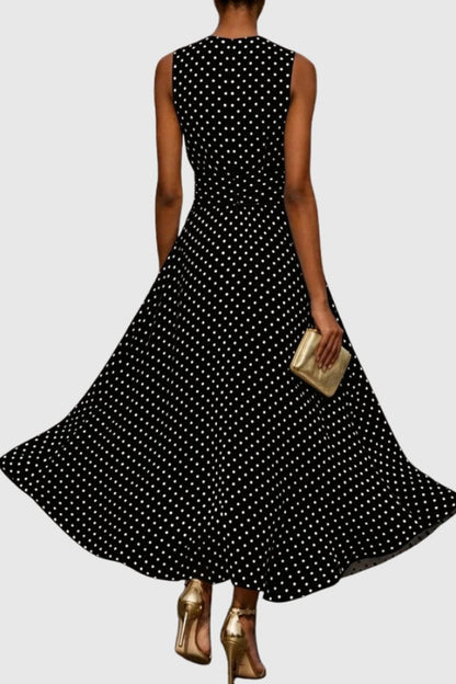 Women's Polka Dot Sleeveless Maxi Evening Gown with Ruffle Hem