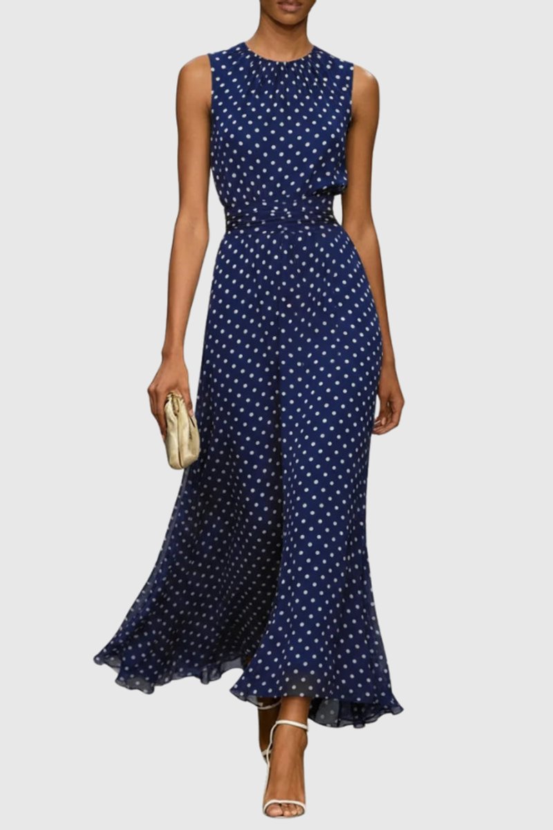 Women's Polka Dot Sleeveless Maxi Evening Gown with Ruffle Hem