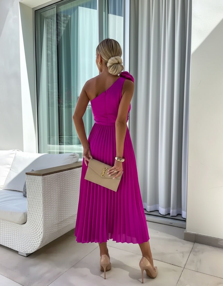 Women's Pleated One-Shoulder Maxi Dress