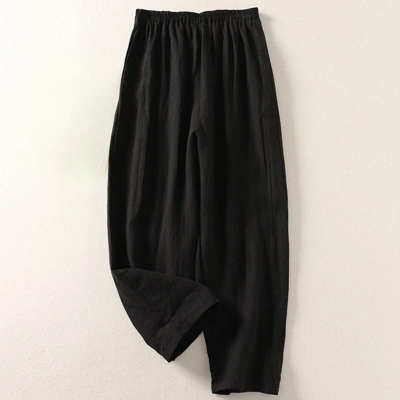 Women's Loose Fit Linen Trousers with Stretchy Waistband