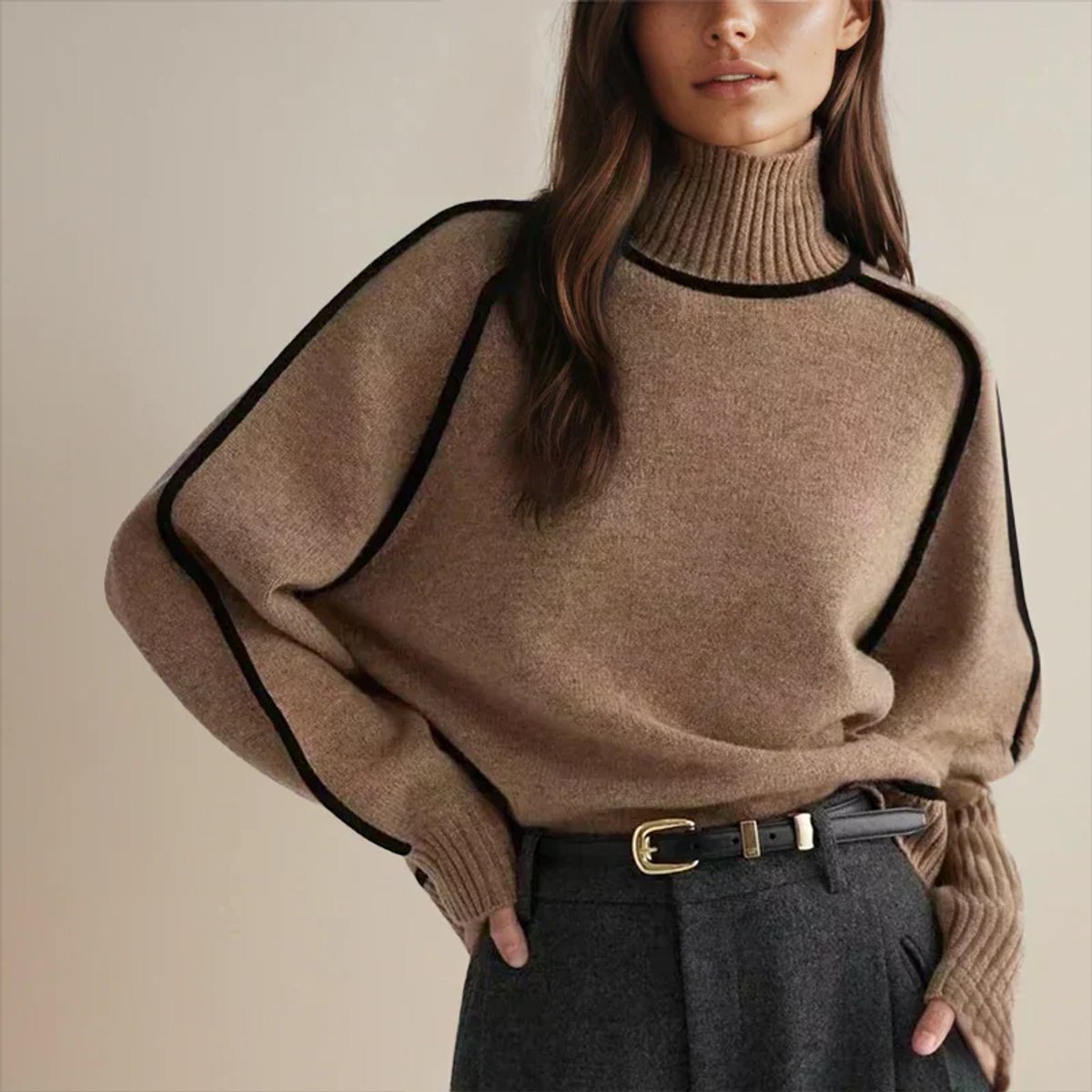 Two-Tone Raglan Turtleneck Oversized Knit Sweater for Women