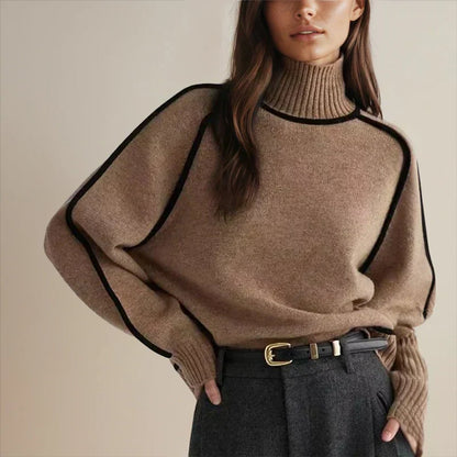 Two-Tone Raglan Turtleneck Oversized Knit Sweater for Women