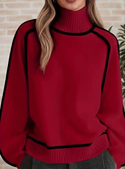 Two-Tone Raglan Turtleneck Oversized Knit Sweater for Women