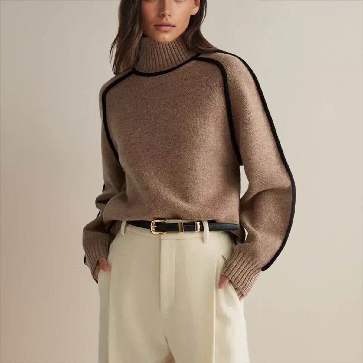 Two-Tone Raglan Turtleneck Oversized Knit Sweater for Women