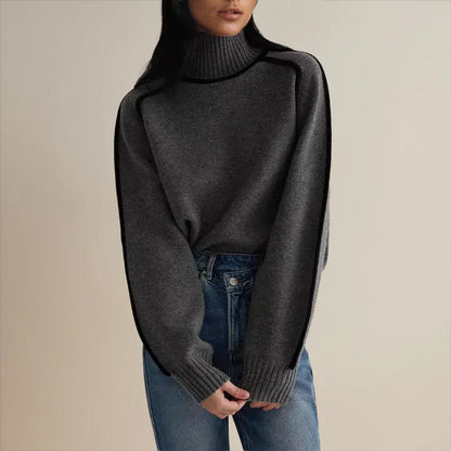 Two-Tone Raglan Turtleneck Oversized Knit Sweater for Women