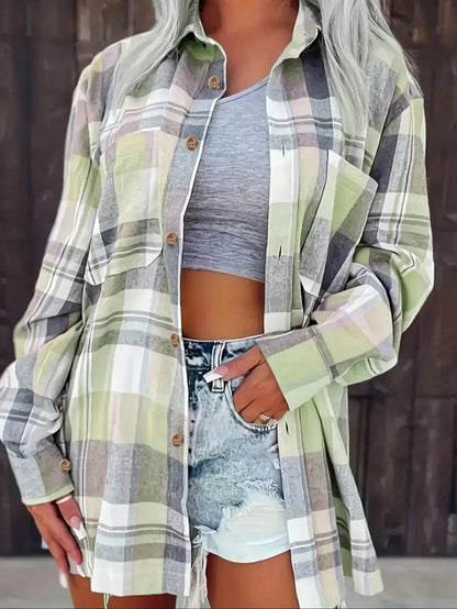Women's Long Sleeve Plaid Flannel Cardigan Shirt in Oversized Cut