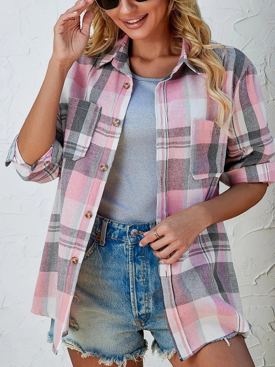 Women's Long Sleeve Plaid Flannel Cardigan Shirt in Oversized Cut