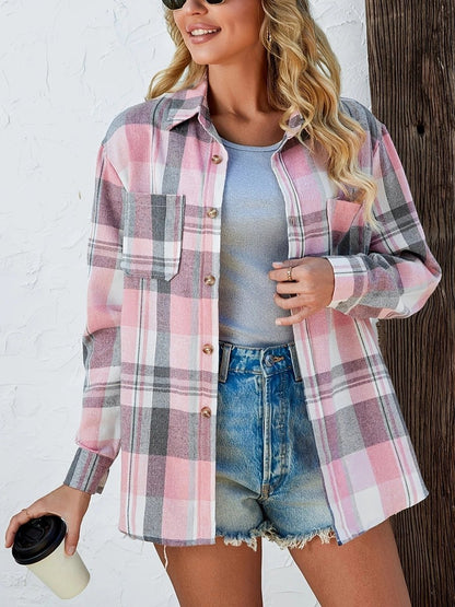 Women's Long Sleeve Plaid Flannel Cardigan Shirt in Oversized Cut