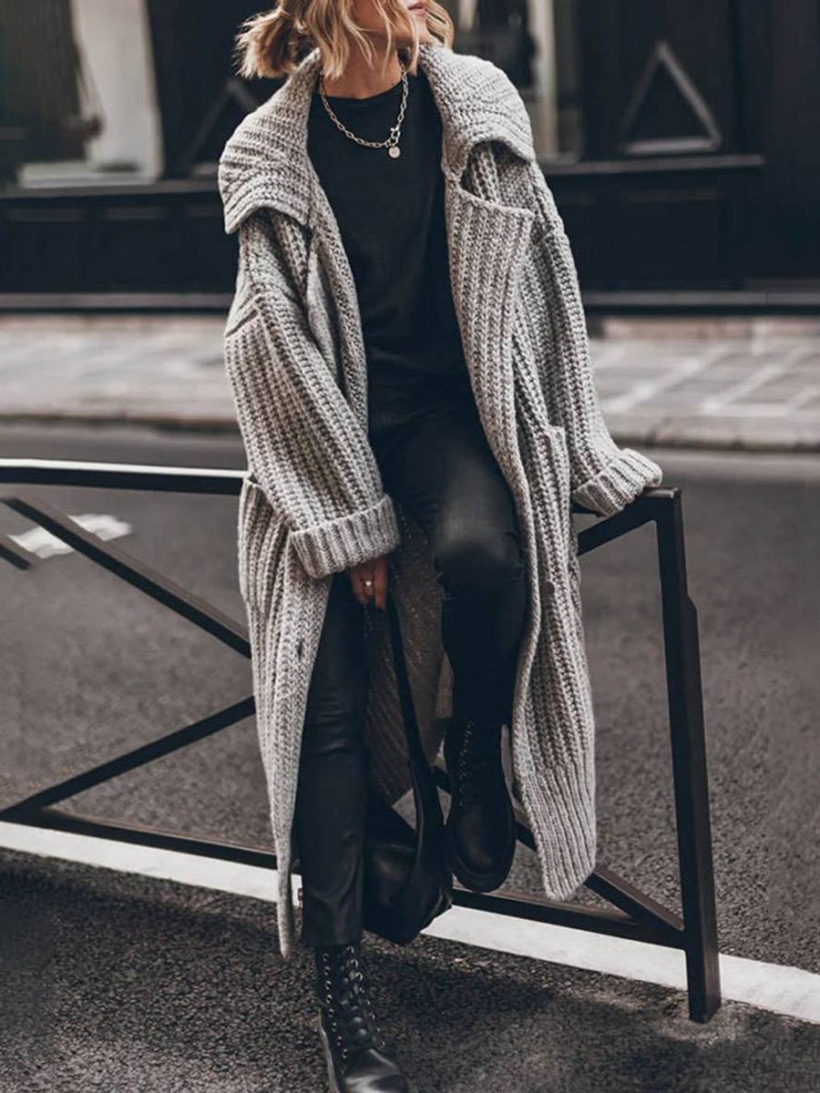 Women's Longline Chunky Knit Lapel Cardigan in Oversized Fit