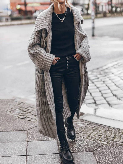 Women's Longline Chunky Knit Lapel Cardigan in Oversized Fit